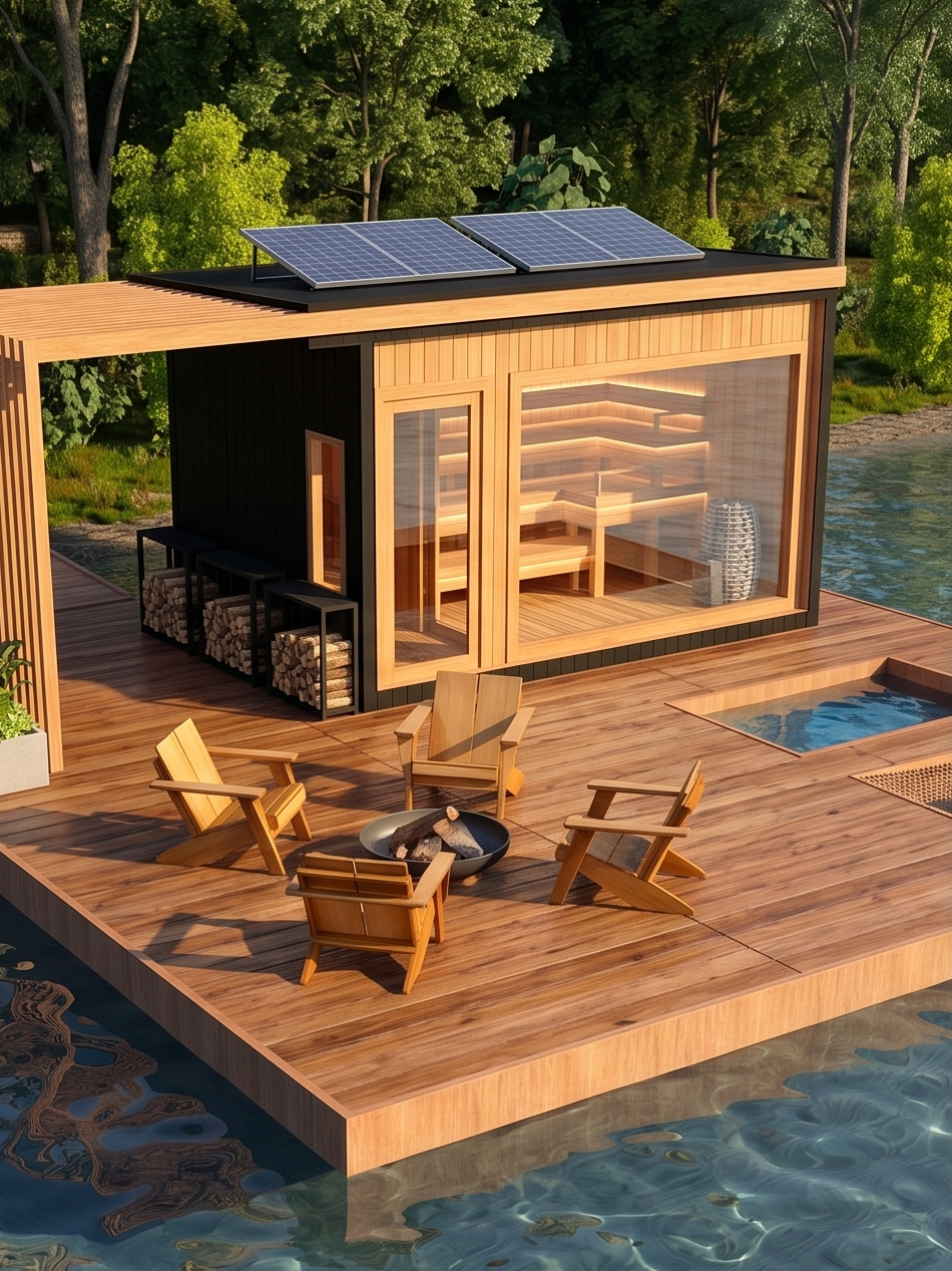 Floating deck with cold plunge pool, fire bowl seating, and the sauna cabin behind
