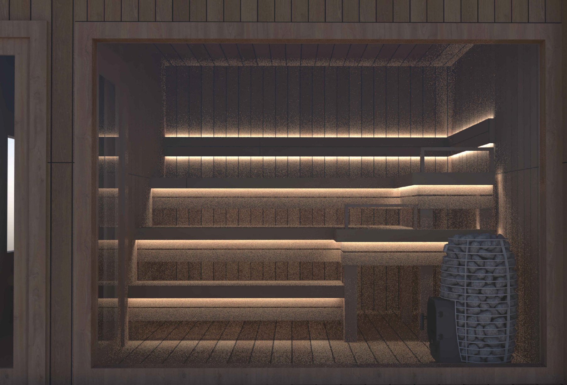 Wood-fired sauna cabin with tiered cedar benches lit by warm under-bench lighting