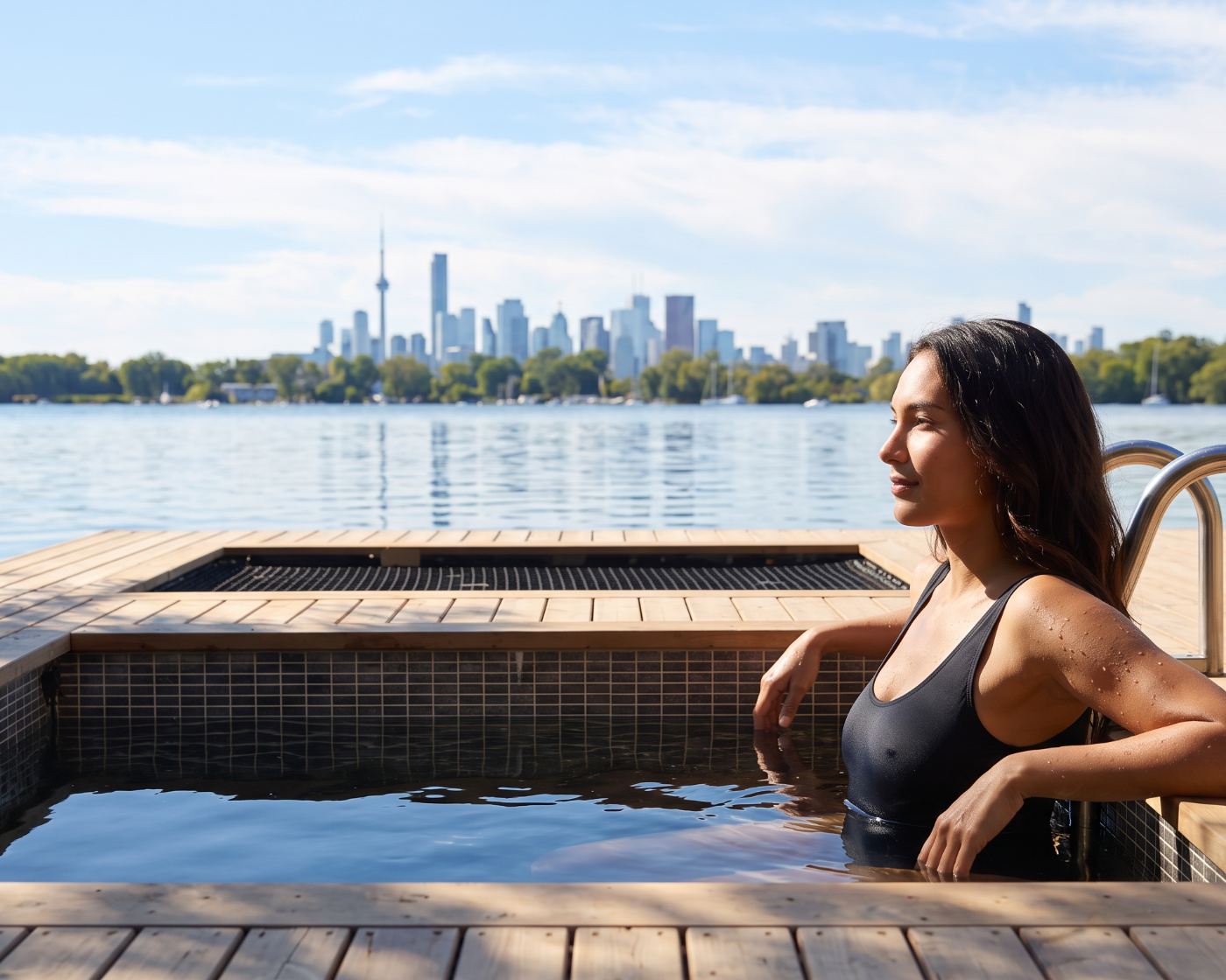 Guest in the cold plunge with the Toronto skyline across the water