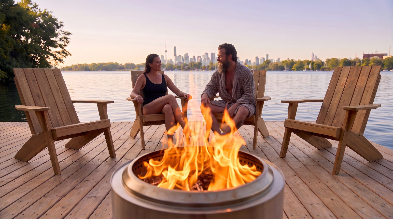 Two guests resting by the fire pit on the dock with the Toronto skyline behind